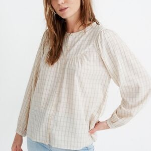 Madwell Blouse Top Women's Size Medium  Cream Windowpane Button Front Peasant